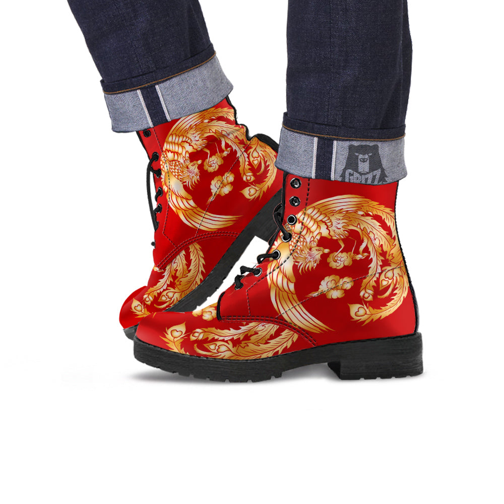 Phoenix Chinese Print Leather Boots-grizzshop