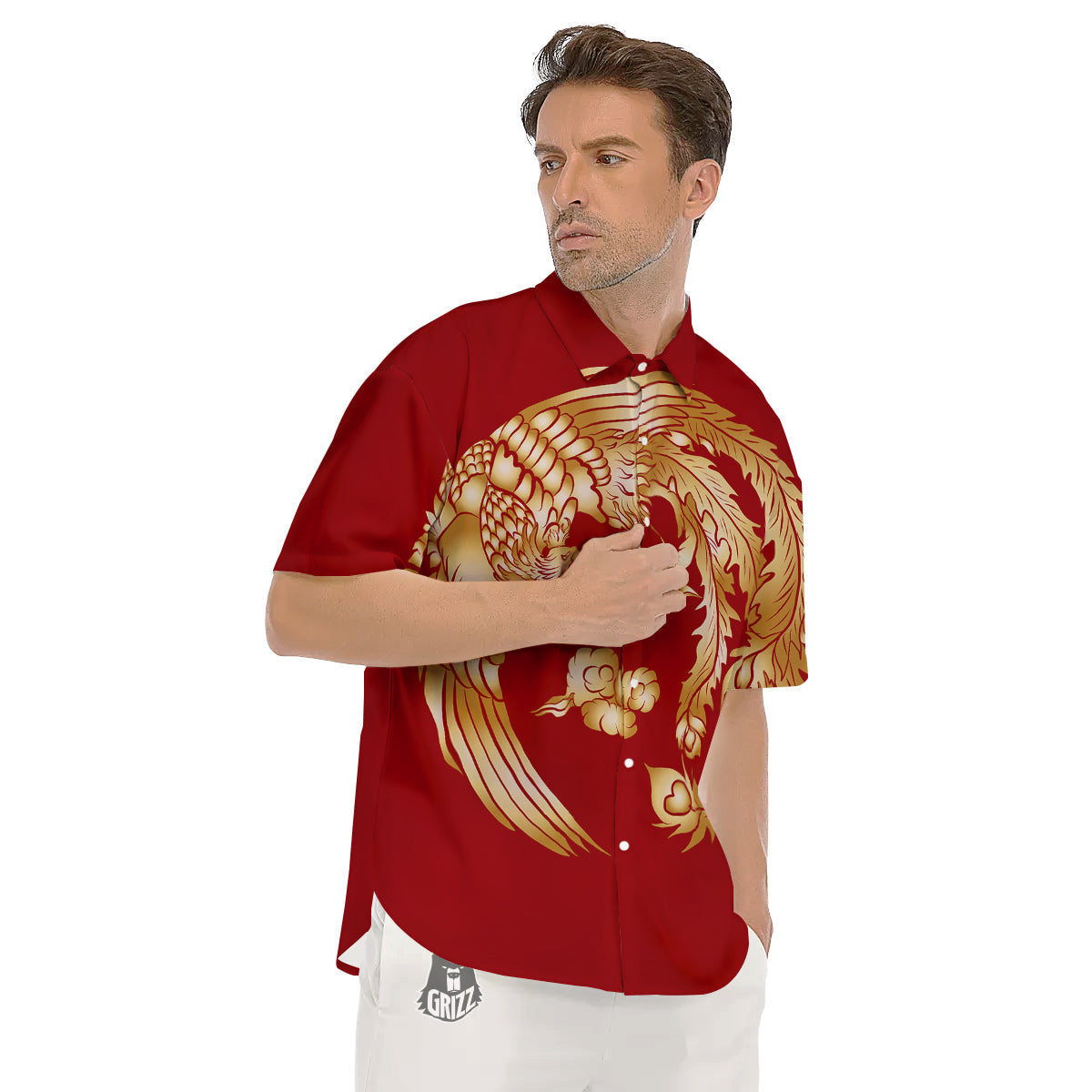 Phoenix Chinese Print Men's Short Sleeve Shirts-grizzshop