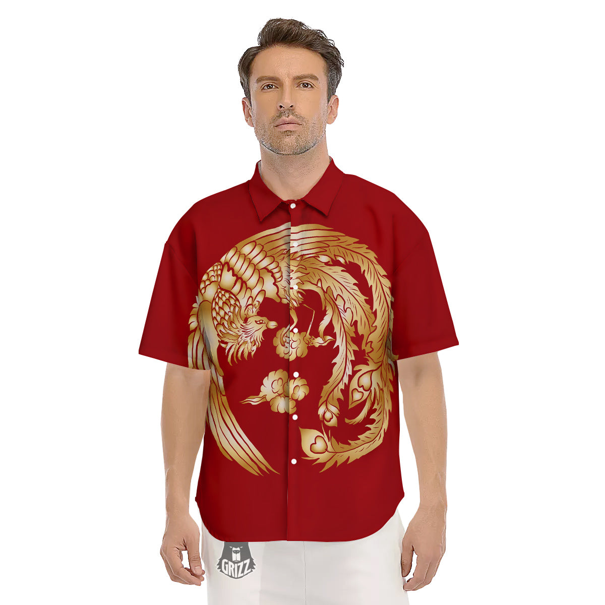 Phoenix Chinese Print Men's Short Sleeve Shirts-grizzshop