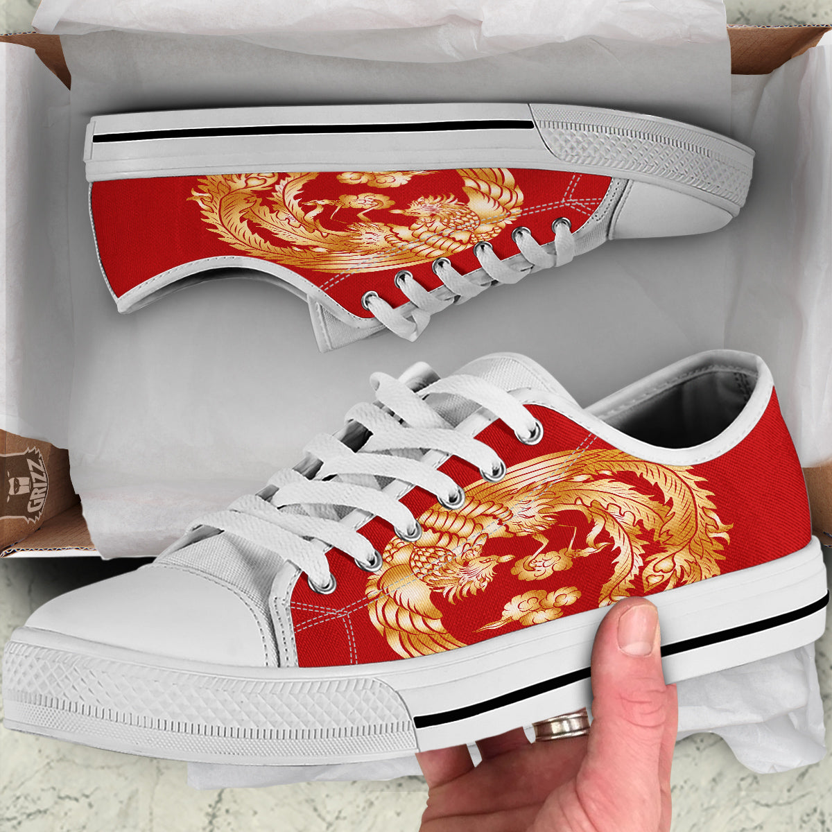 Phoenix Chinese Print White Low Top Shoes-grizzshop