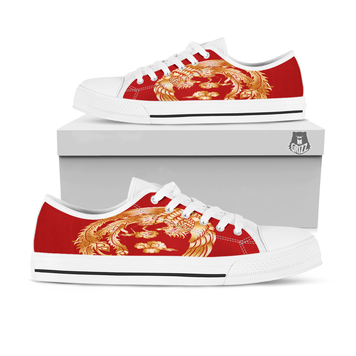 Phoenix Chinese Print White Low Top Shoes-grizzshop
