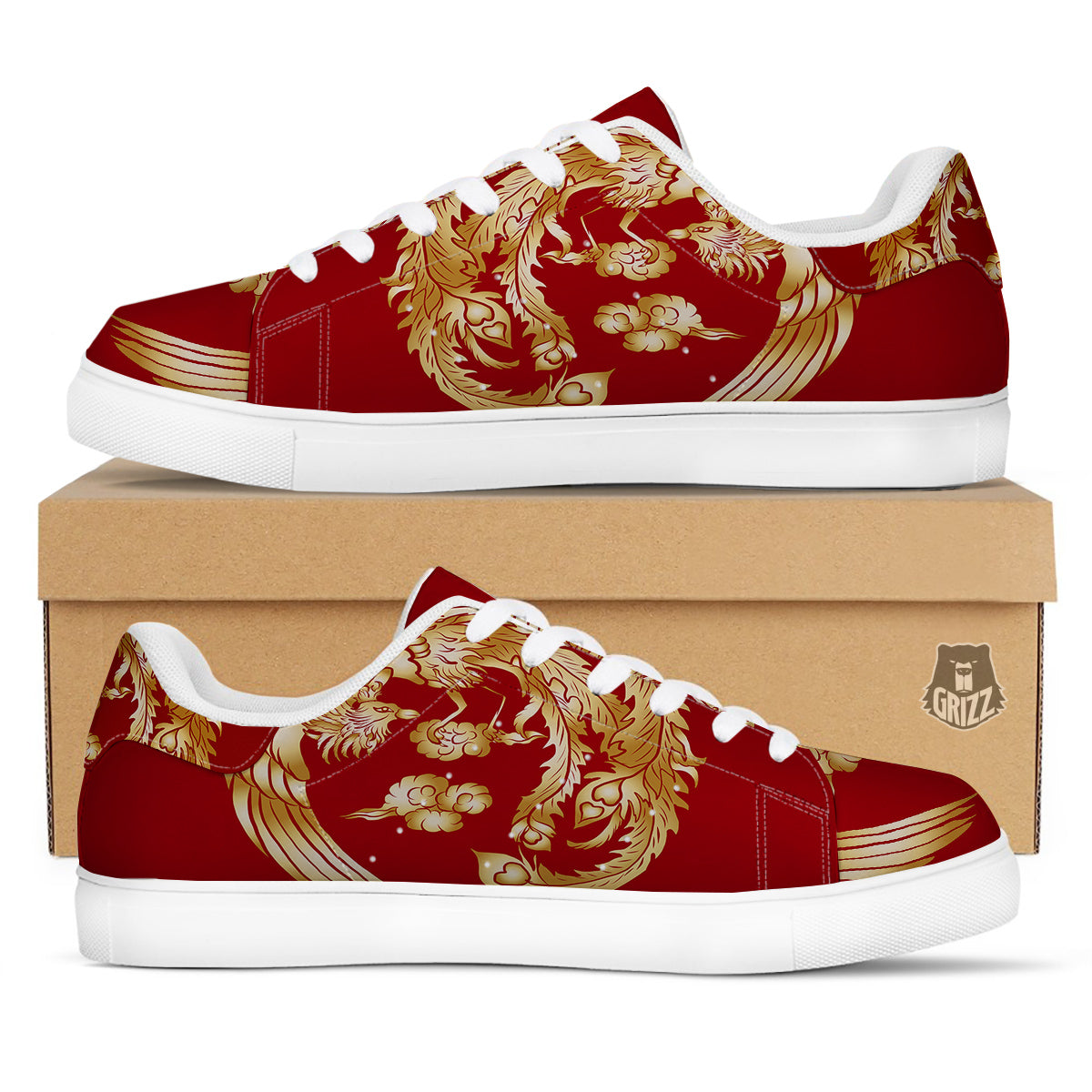 Phoenix Chinese Print White Low Top Sneakers-grizzshop