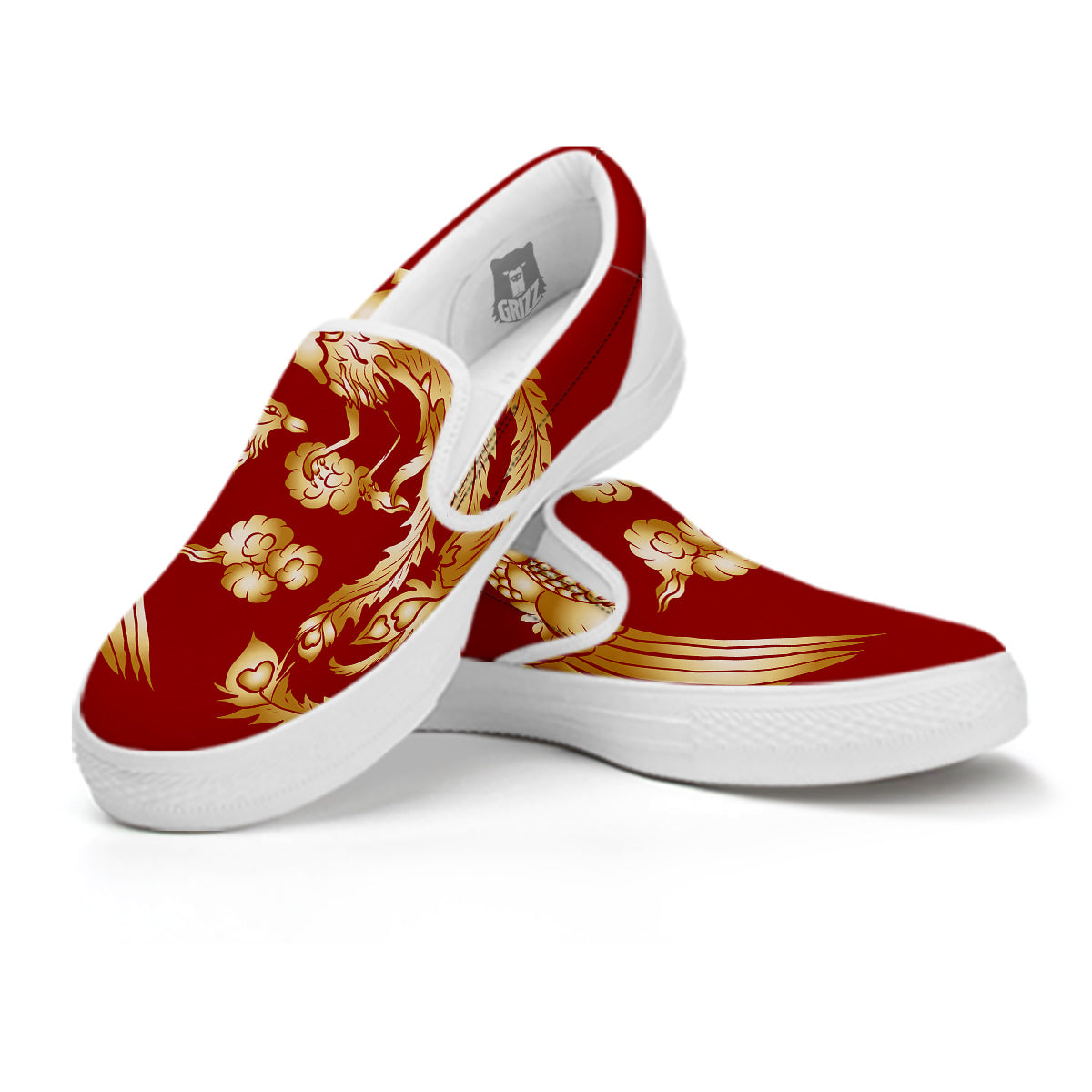 Phoenix Chinese Print White Slip On Shoes-grizzshop