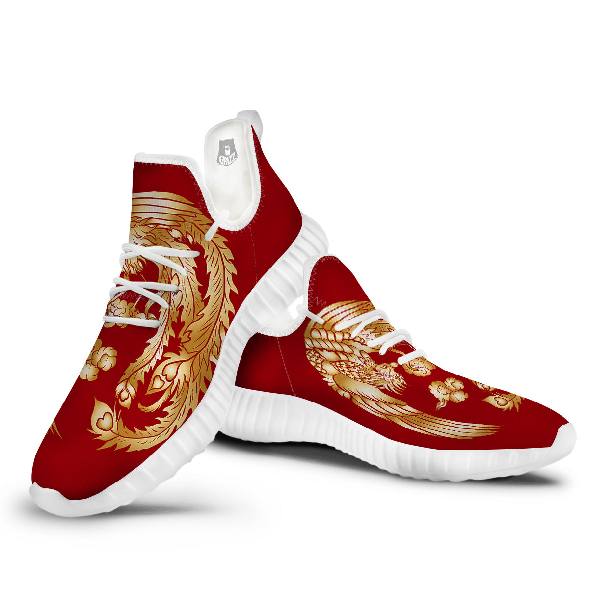 Phoenix Chinese Print White Walking Shoes-grizzshop