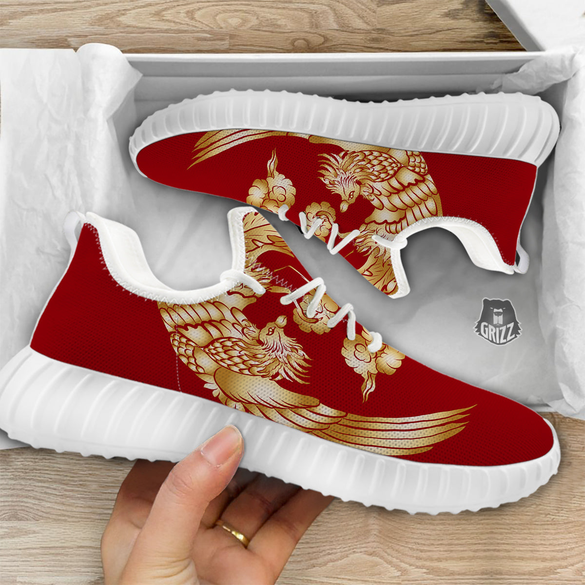 Phoenix Chinese Print White Walking Shoes-grizzshop