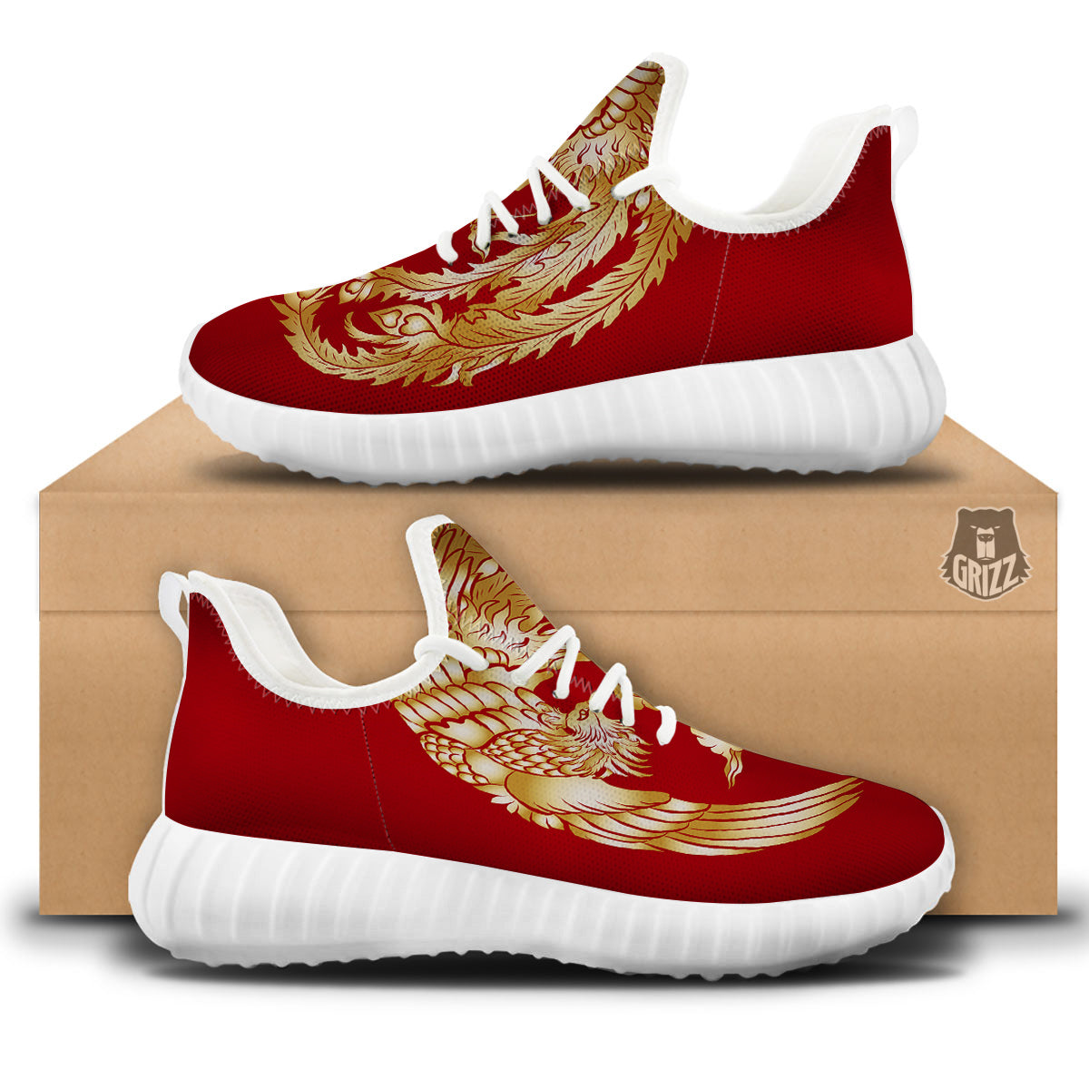 Phoenix Chinese Print White Walking Shoes-grizzshop