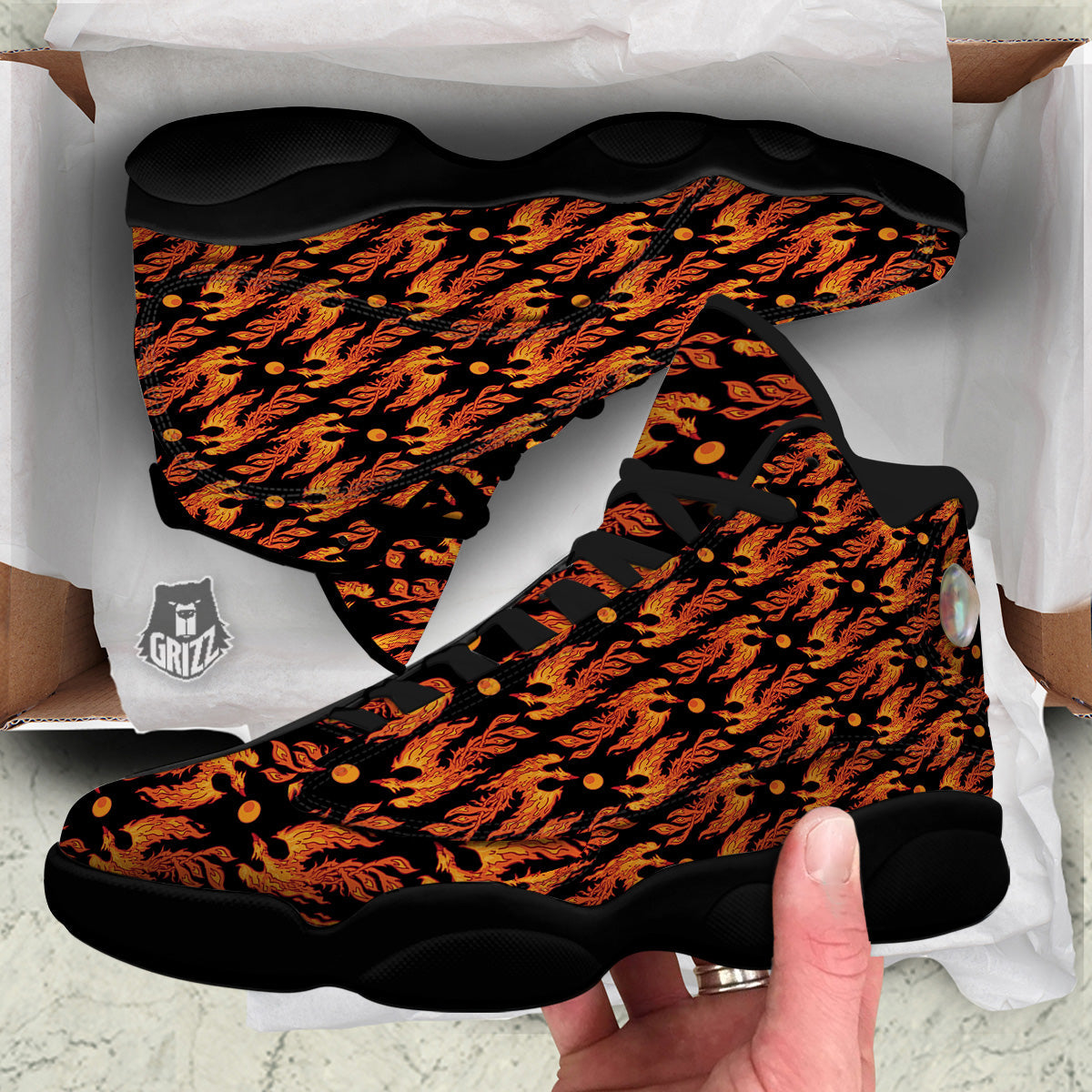 Phoenix Fire On Black Print Pattern Black Basketball Shoes-grizzshop