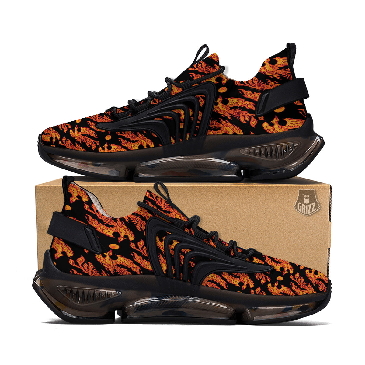 Phoenix Fire On Black Print Pattern Black Gym Shoes-grizzshop