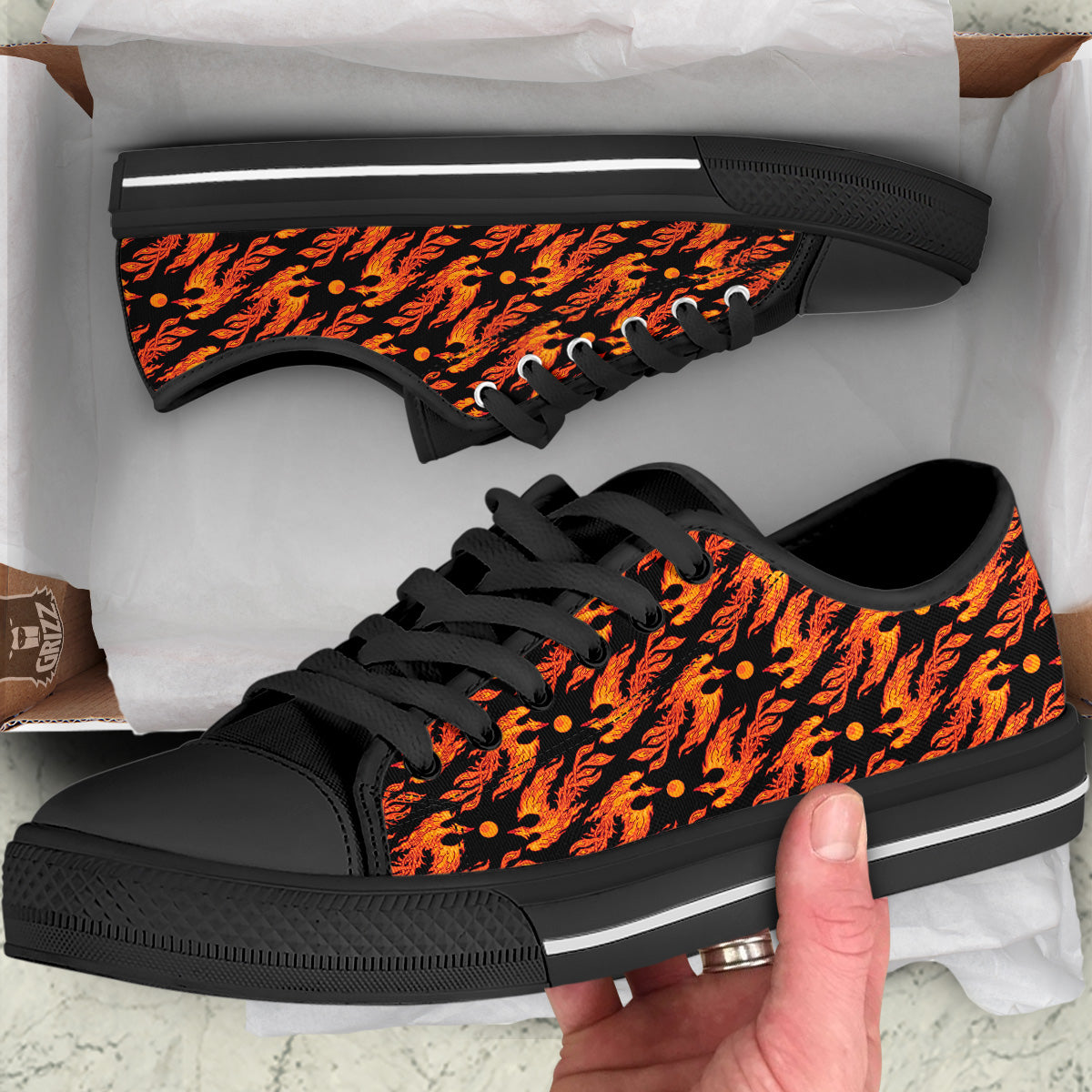Phoenix Fire On Black Print Pattern Black Low Top Shoes-grizzshop