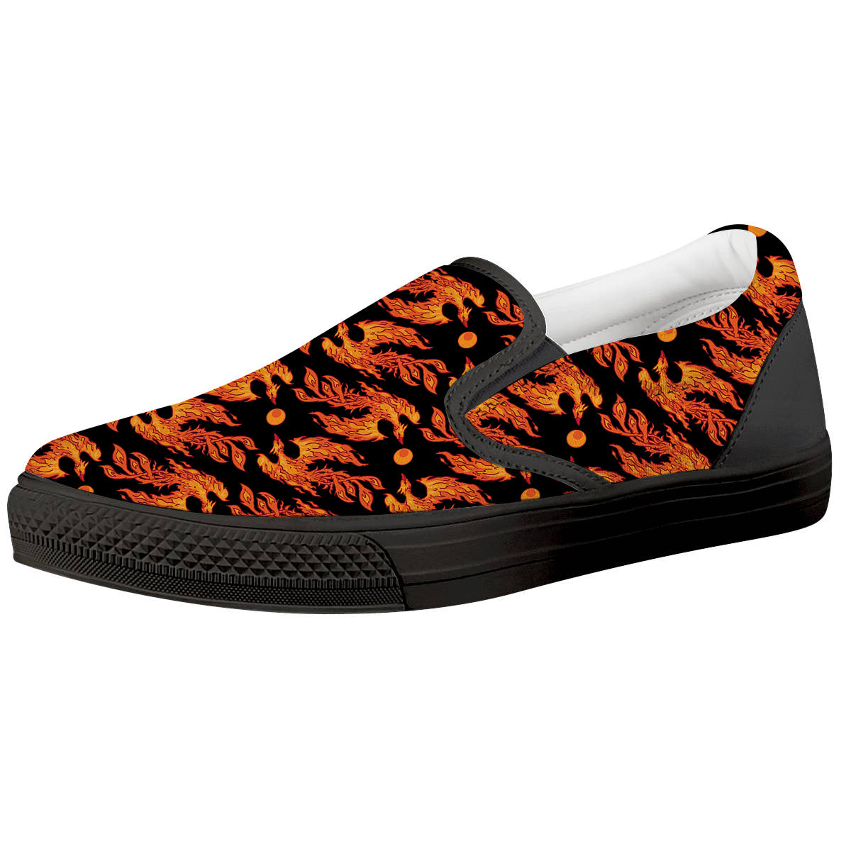 Phoenix Fire On Black Print Pattern Black Slip On Shoes-grizzshop