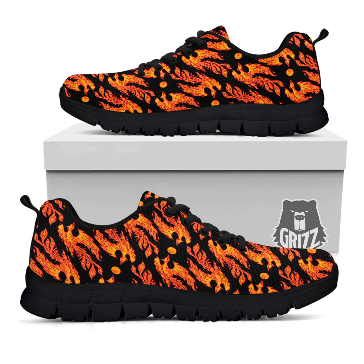 Phoenix Fire On Black Print Pattern Black Sneaker-grizzshop