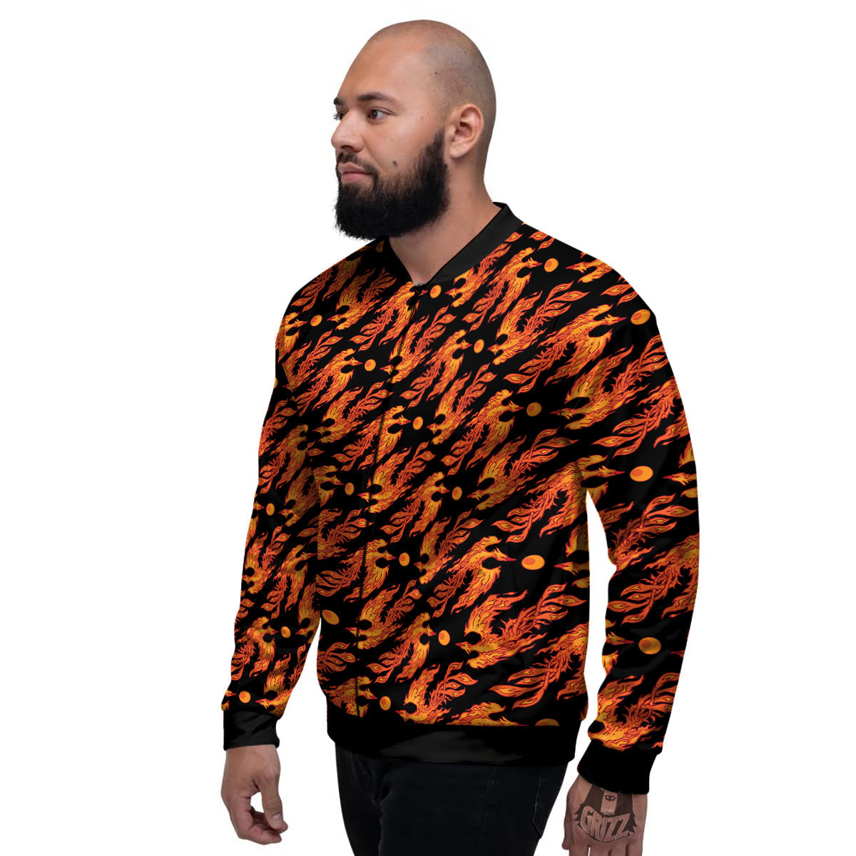 Phoenix Fire On Black Print Pattern Men's Bomber Jacket-grizzshop