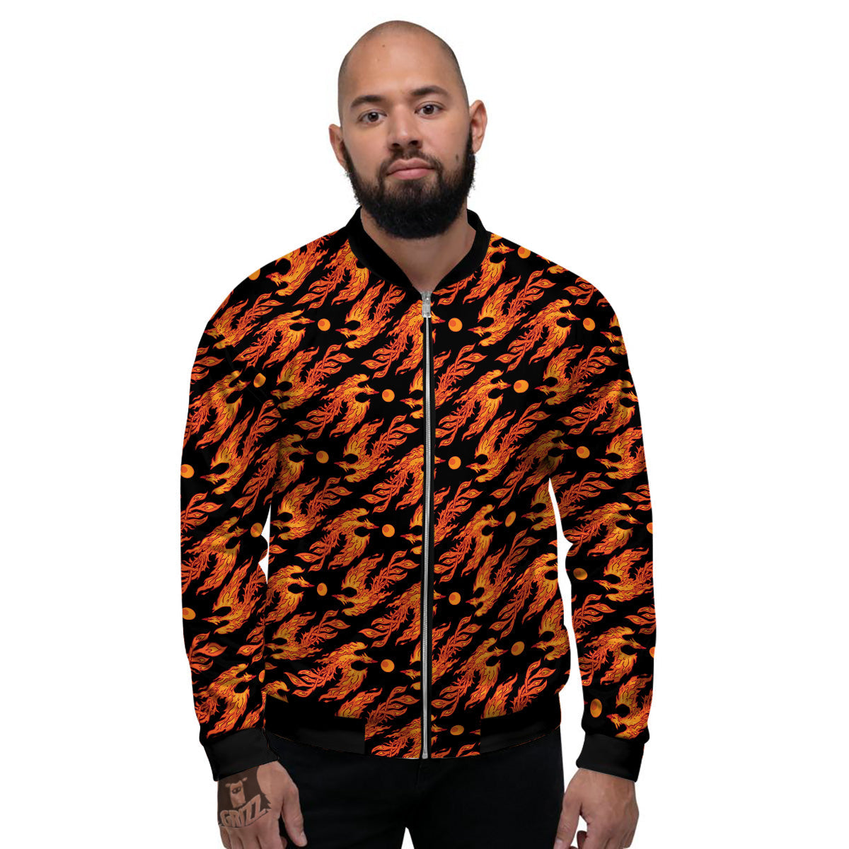 Phoenix Fire On Black Print Pattern Men's Bomber Jacket-grizzshop