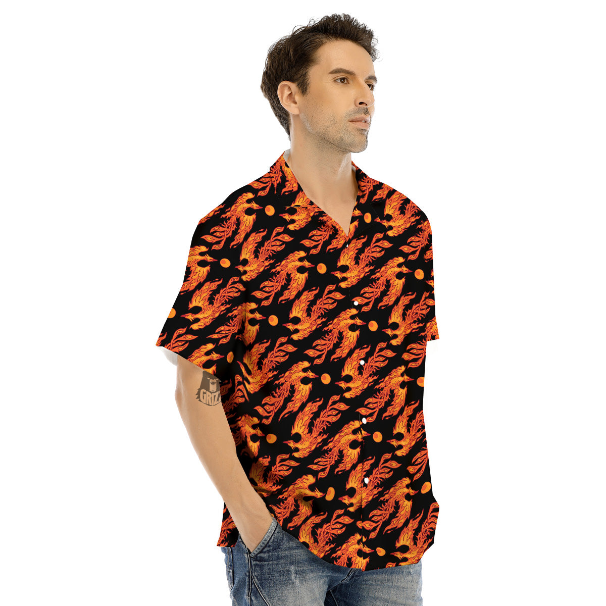 Phoenix Fire On Black Print Pattern Men's Hawaiian Shirt-grizzshop