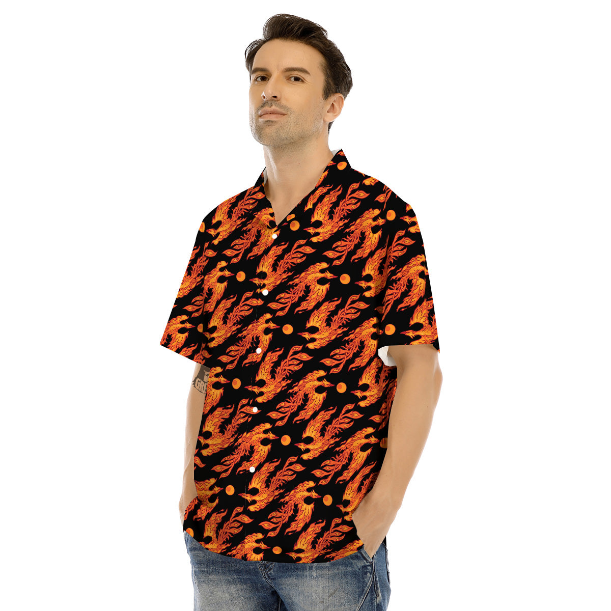 Phoenix Fire On Black Print Pattern Men's Hawaiian Shirt-grizzshop