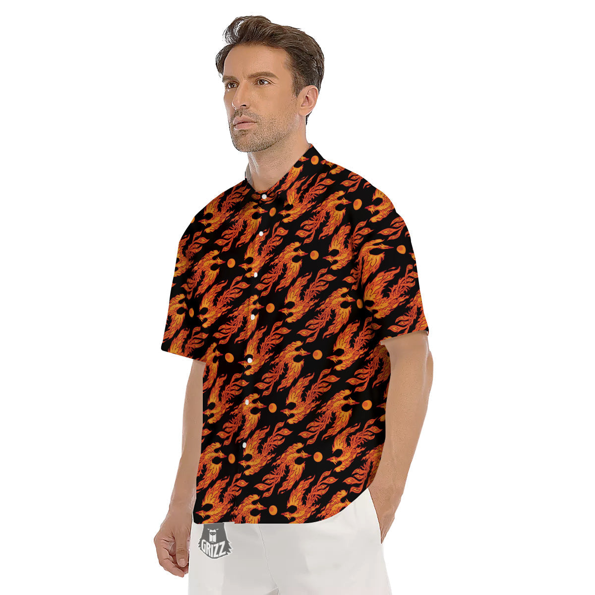 Phoenix Fire On Black Print Pattern Men's Short Sleeve Shirts-grizzshop