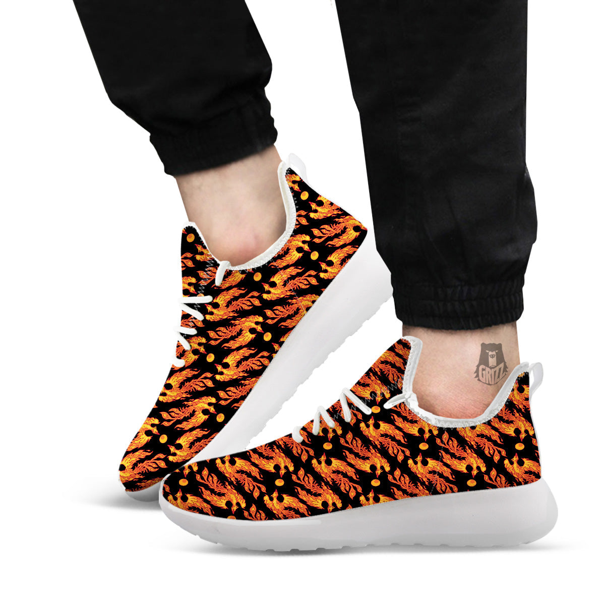 Phoenix Fire On Black Print Pattern White Athletic Shoes-grizzshop