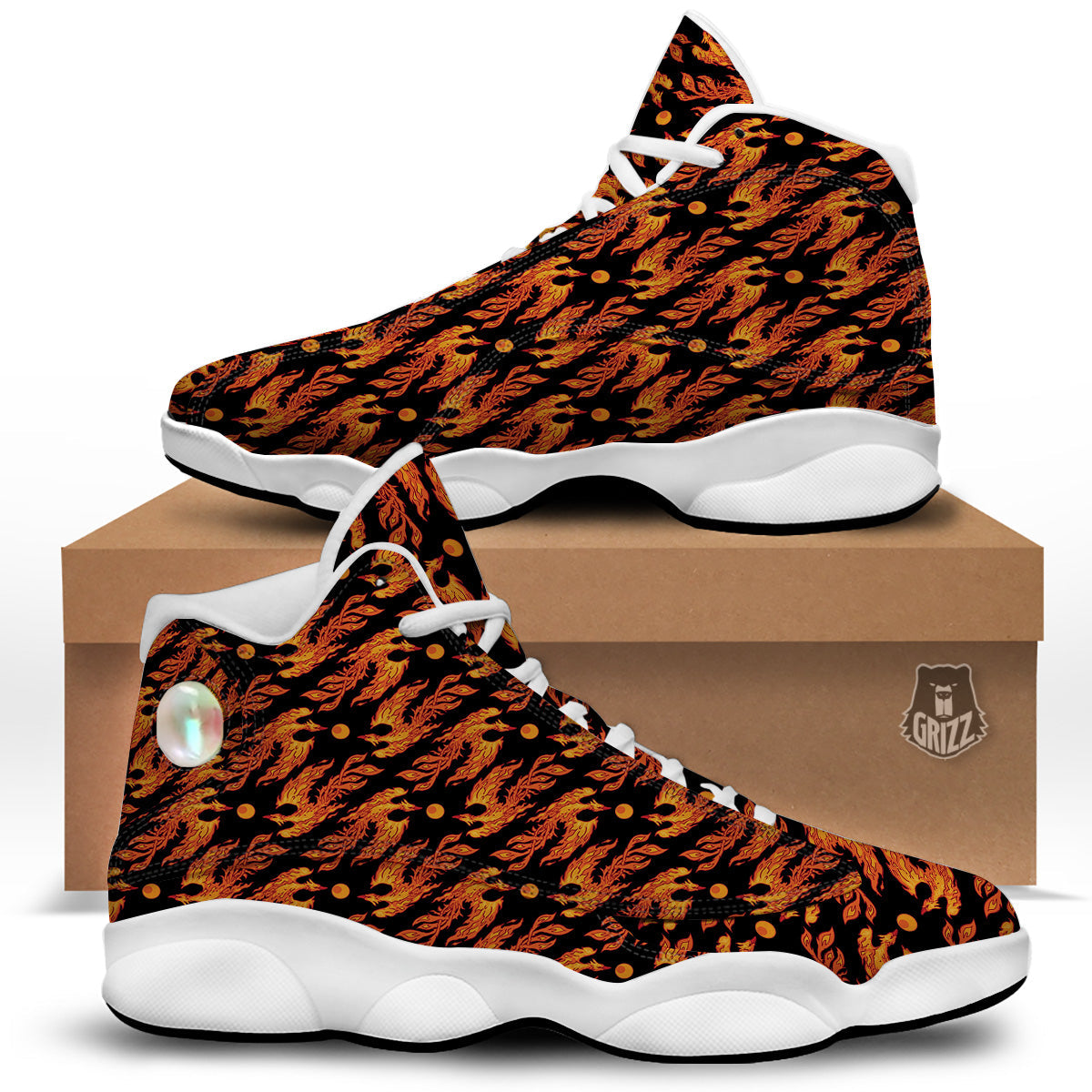 Phoenix Fire On Black Print Pattern White Basketball Shoes-grizzshop
