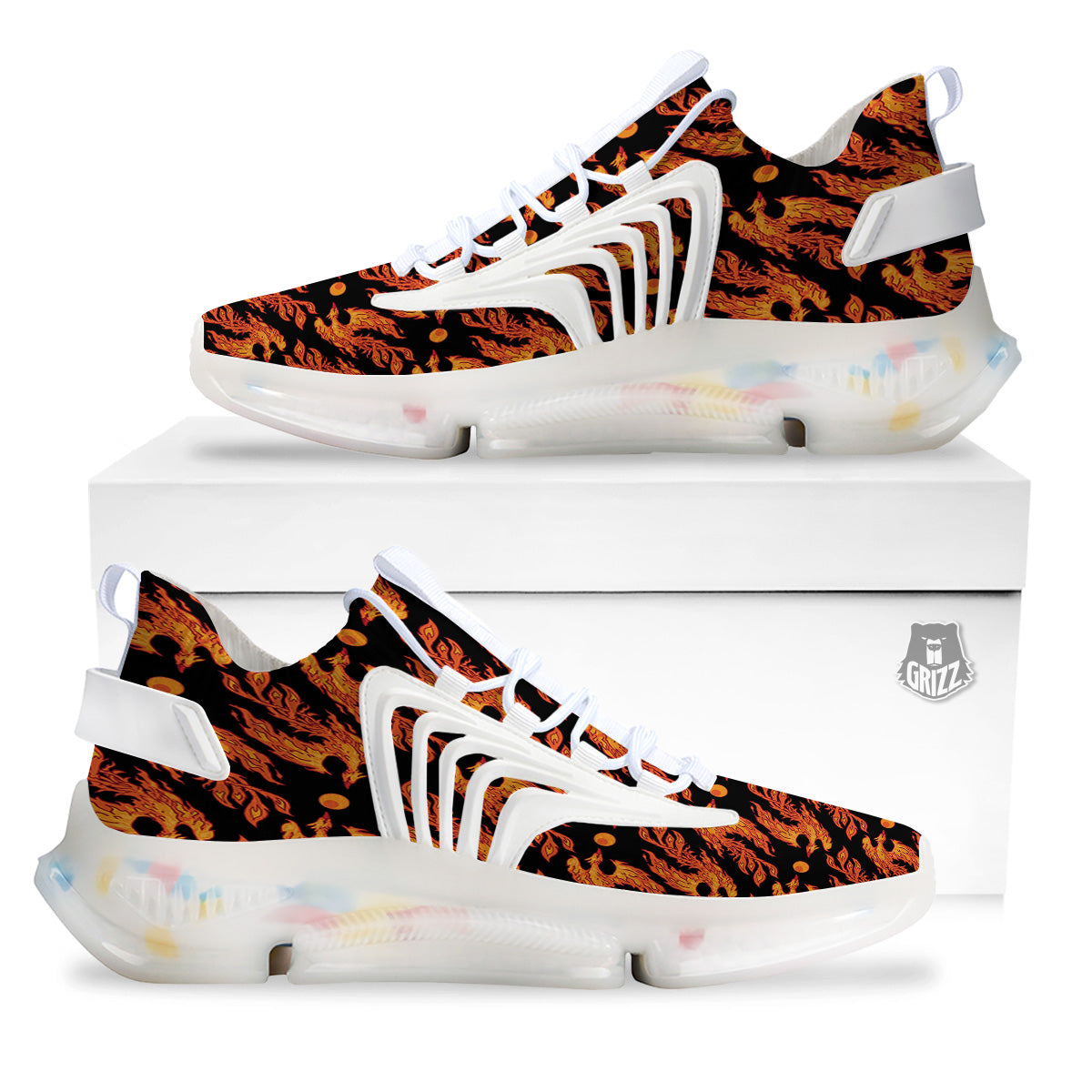Phoenix Fire On Black Print Pattern White Gym Shoes-grizzshop