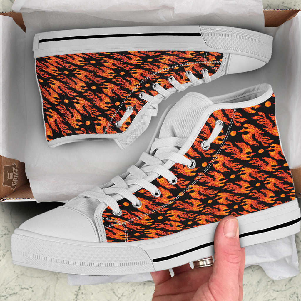 Phoenix Fire On Black Print Pattern White High Top Shoes-grizzshop