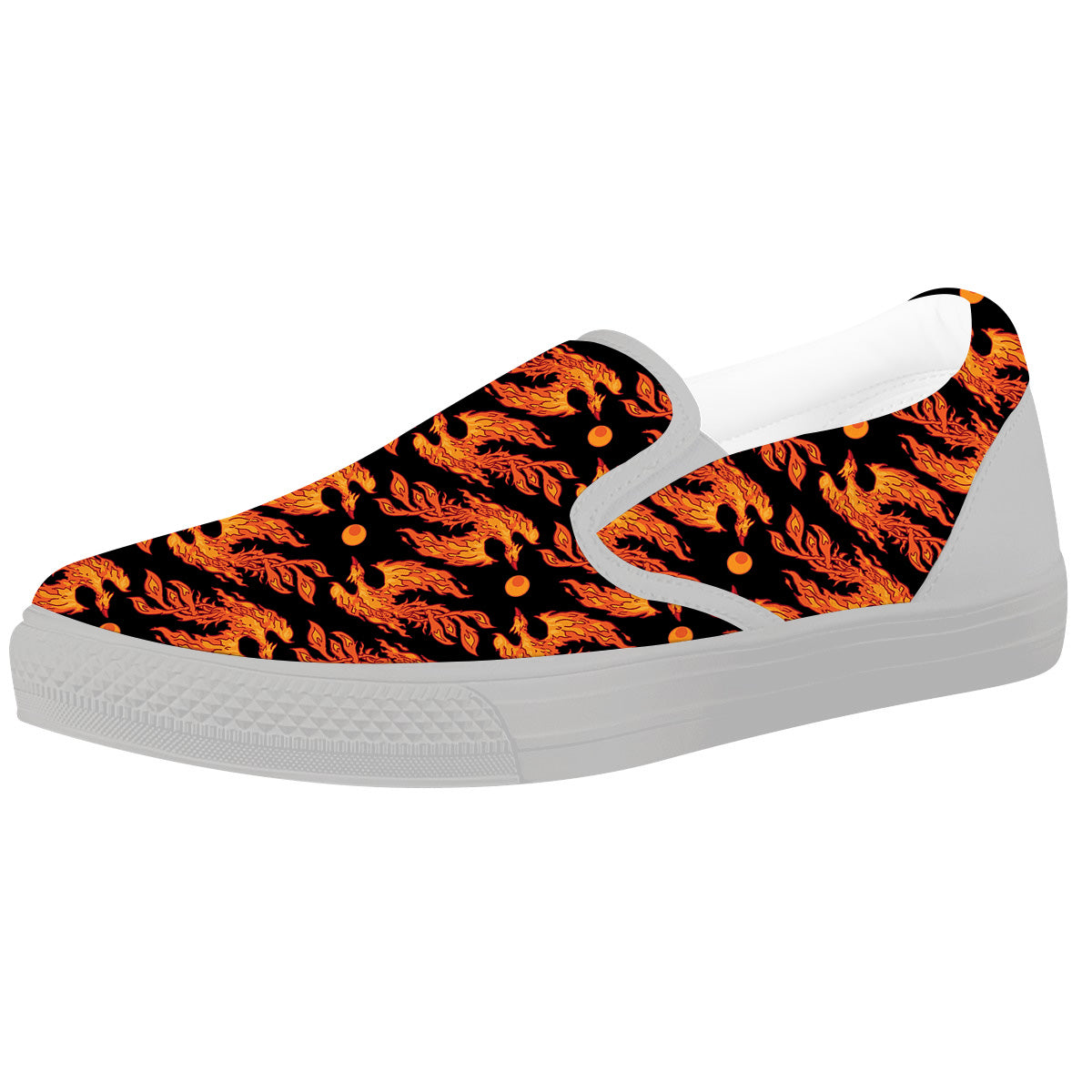 Phoenix Fire On Black Print Pattern White Slip On Shoes-grizzshop