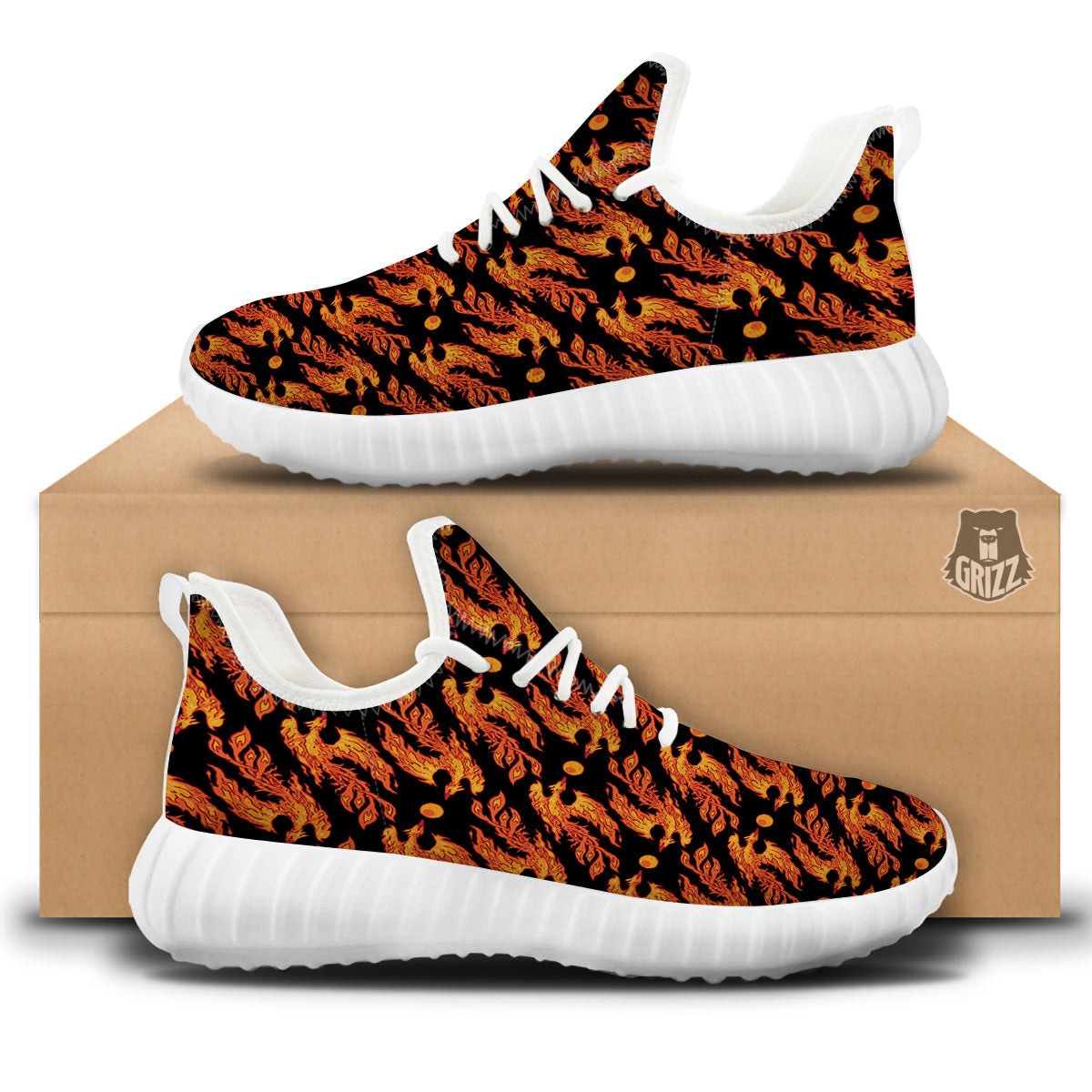 Phoenix Fire On Black Print Pattern White Walking Shoes-grizzshop
