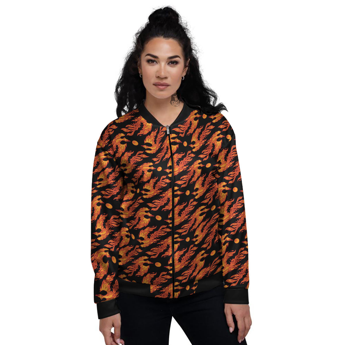 Phoenix Fire On Black Print Pattern Women's Bomber Jacket-grizzshop