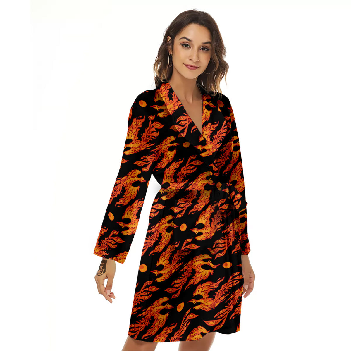 Phoenix Fire On Black Print Pattern Women's Robe-grizzshop