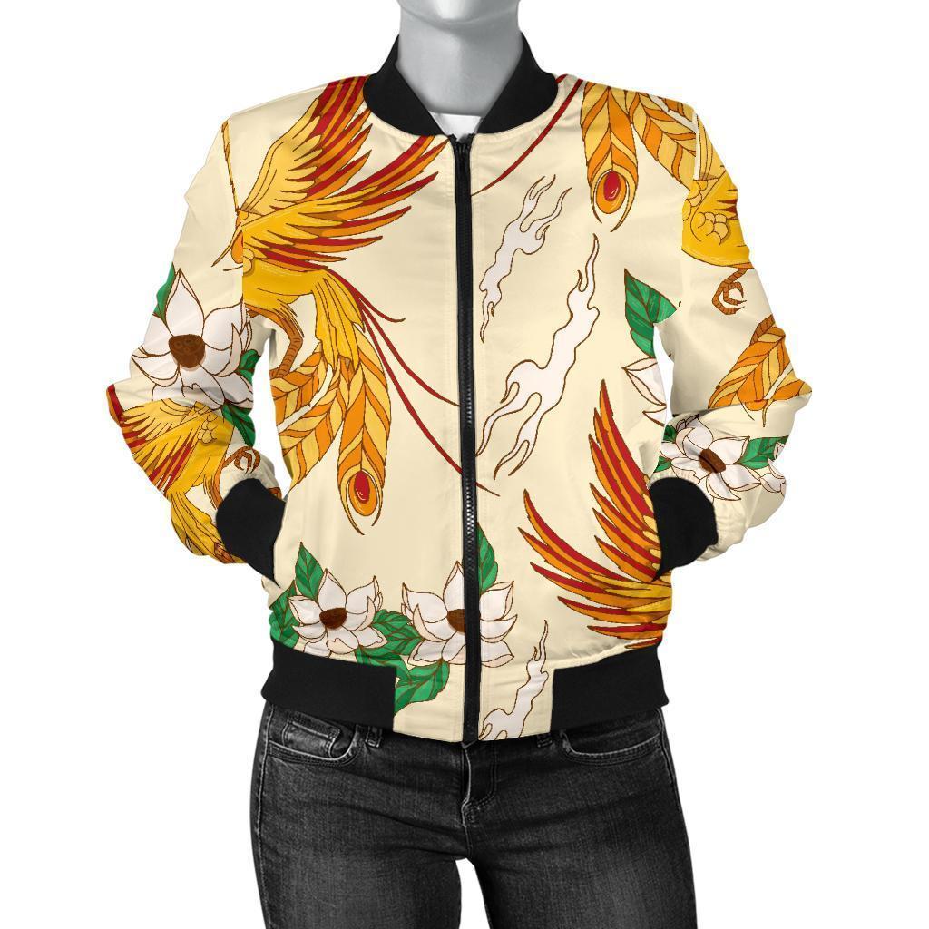 Phoenix Floral Pattern Print Women Casual Bomber Jacket-grizzshop