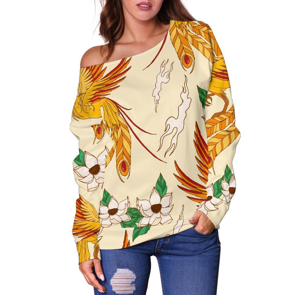 Phoenix Floral Pattern Print Women Off Shoulder Sweatshirt-grizzshop