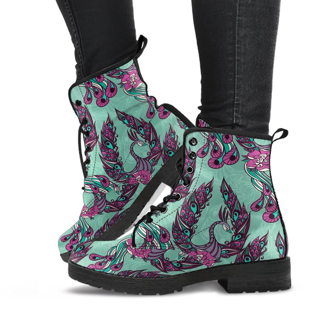 Phoenix Floral Print Pattern Men Women Leather Boots-grizzshop