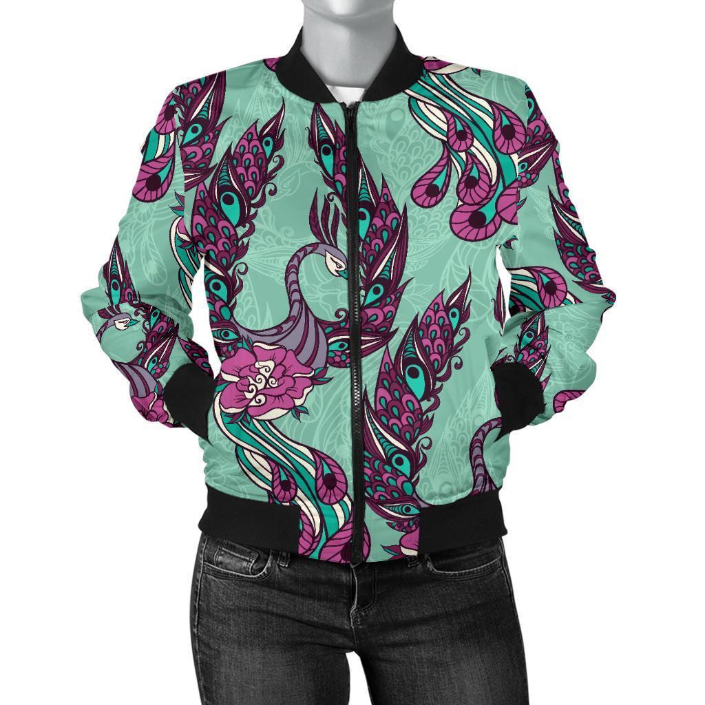 Phoenix Floral Print Pattern Women Casual Bomber Jacket-grizzshop