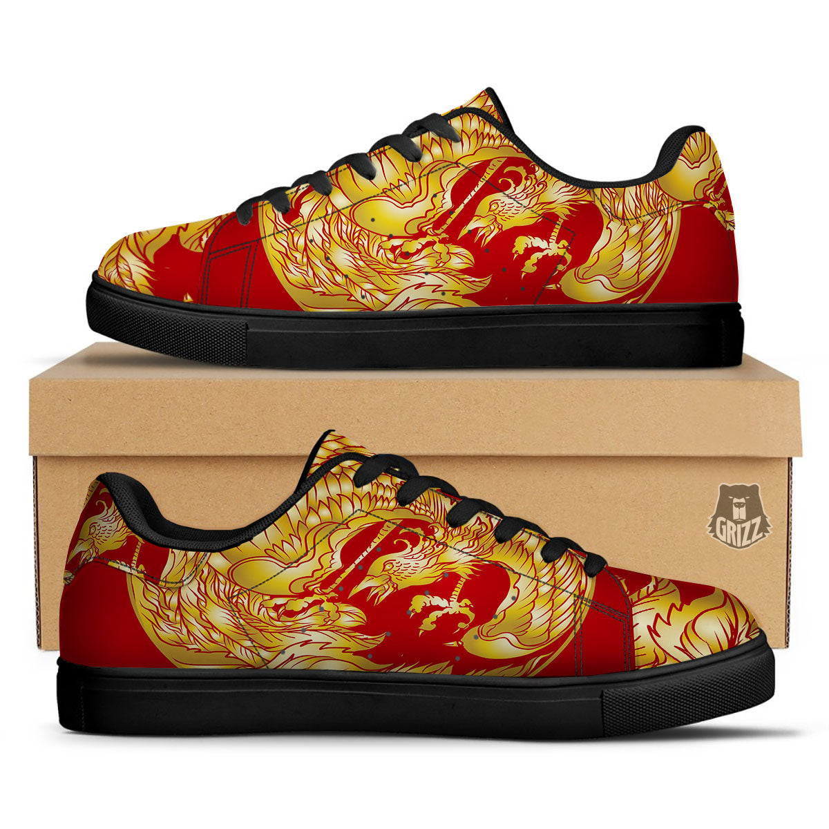Phoenix Japanese Print Black Low Top Sneakers-grizzshop