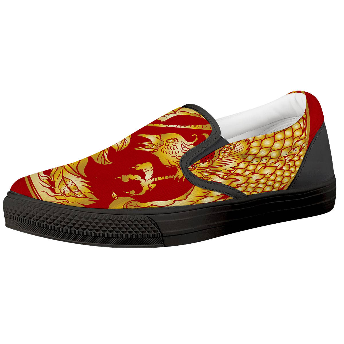 Phoenix Japanese Print Black Slip On Shoes-grizzshop