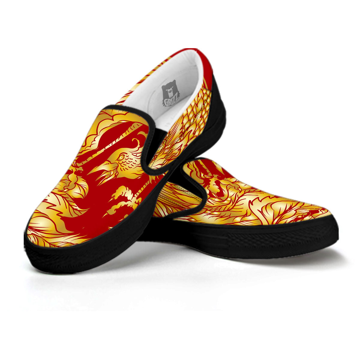 Phoenix Japanese Print Black Slip On Shoes-grizzshop