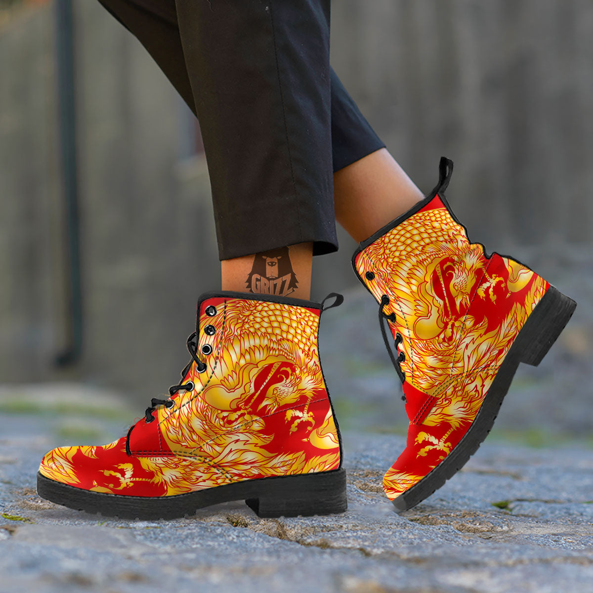 Phoenix Japanese Print Leather Boots-grizzshop