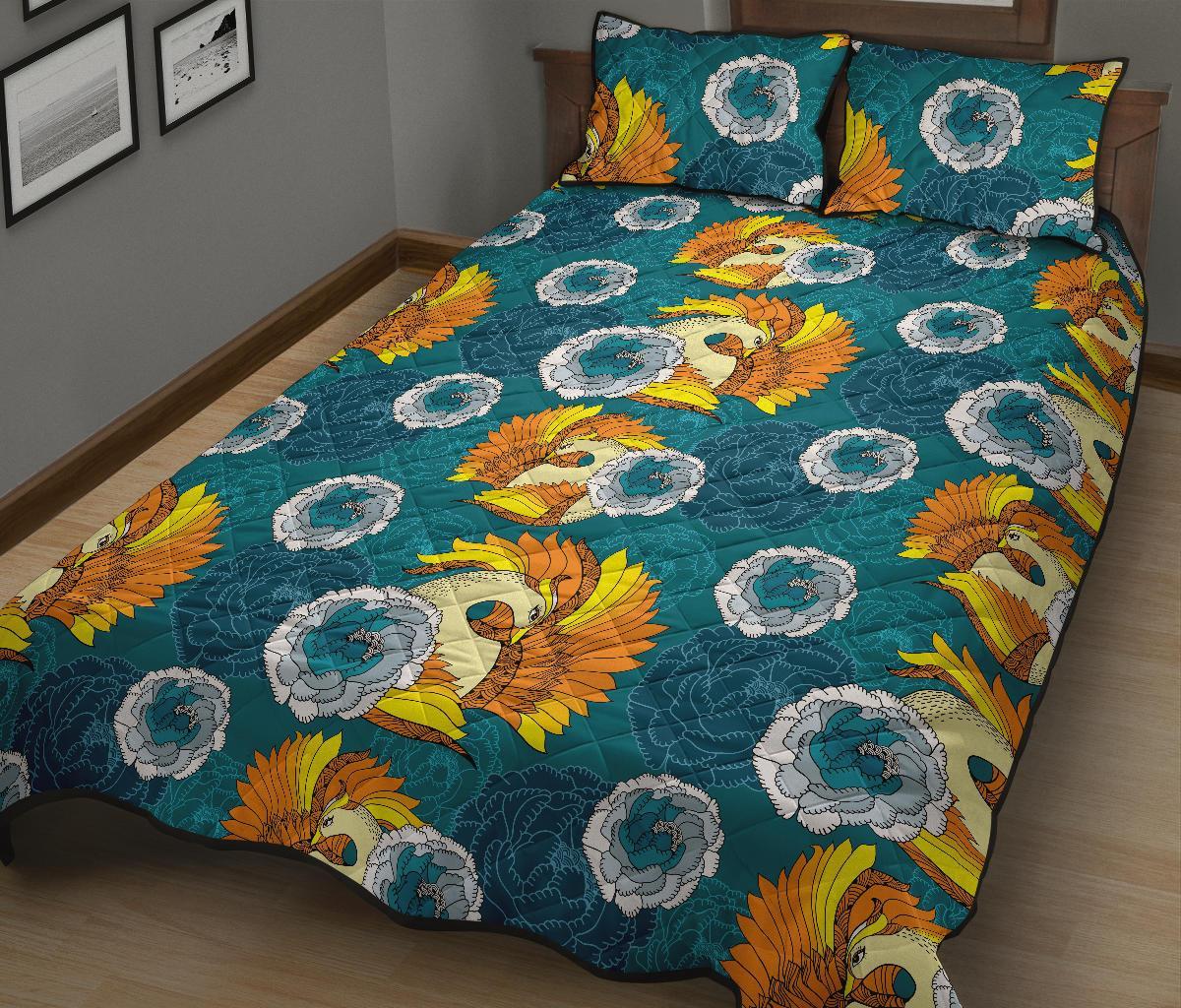 Phoenix Pattern Print Floral Bed Set Quilt-grizzshop