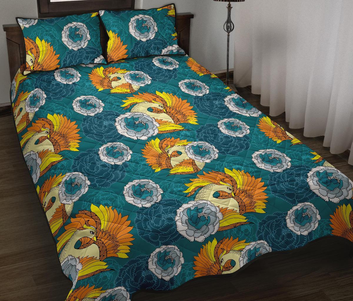 Phoenix Pattern Print Floral Bed Set Quilt-grizzshop