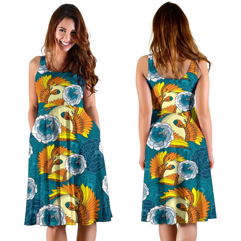 Phoenix Pattern Print Floral Dress-grizzshop