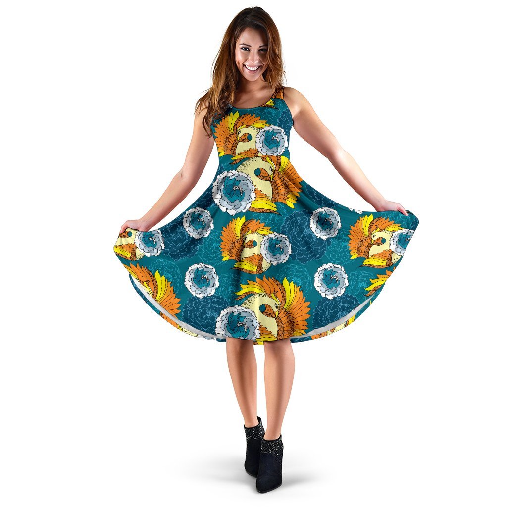 Phoenix Pattern Print Floral Dress-grizzshop