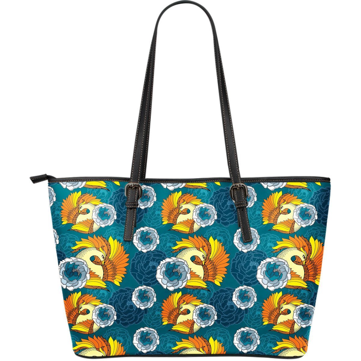 Phoenix Pattern Print Floral Leather Tote Bag-grizzshop
