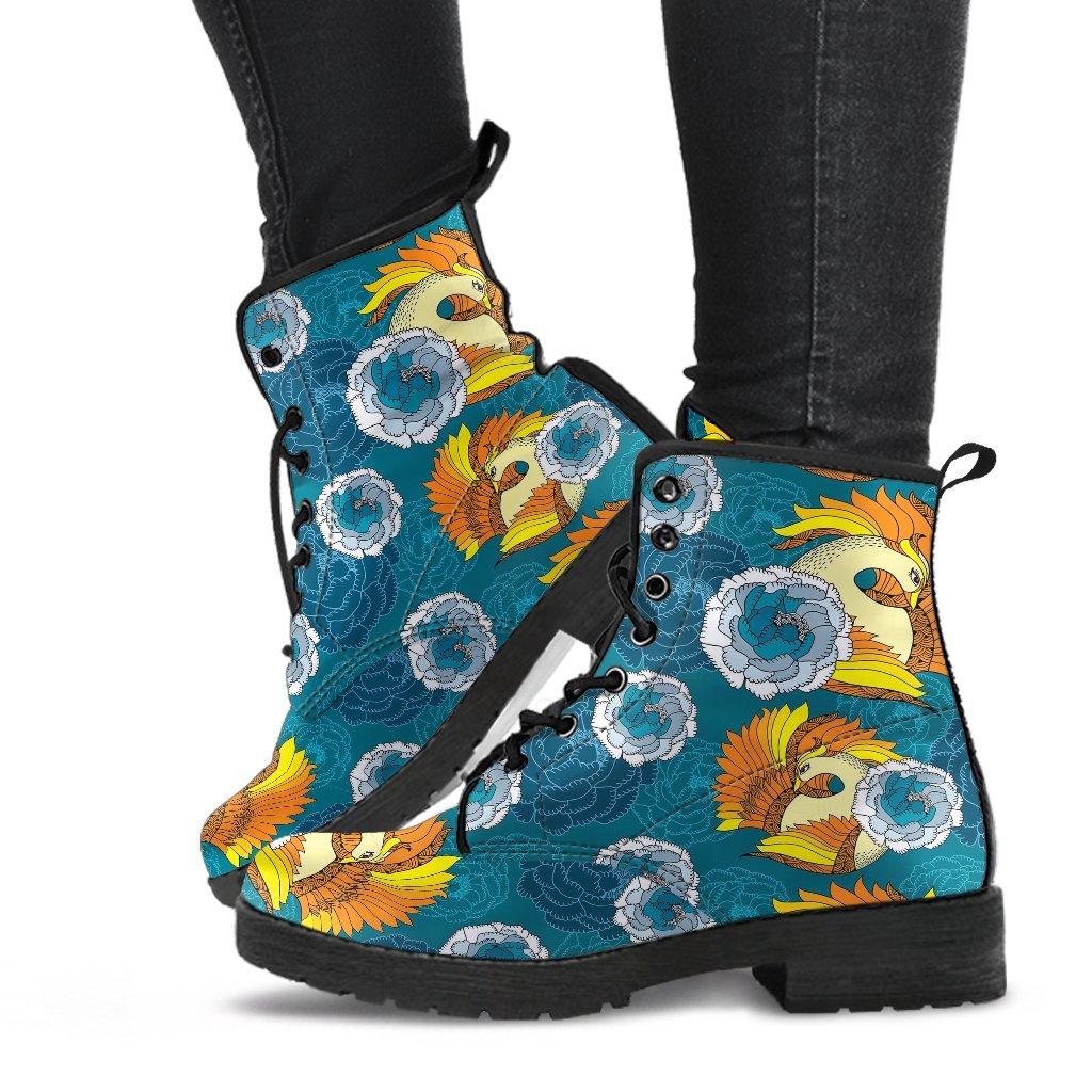 Phoenix Pattern Print Floral Men Women Leather Boots-grizzshop