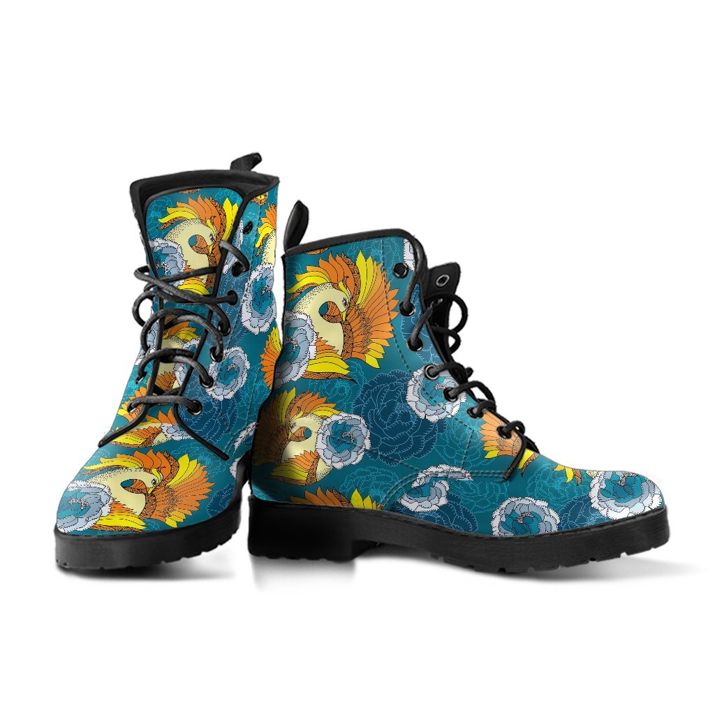 Phoenix Pattern Print Floral Men Women Leather Boots-grizzshop
