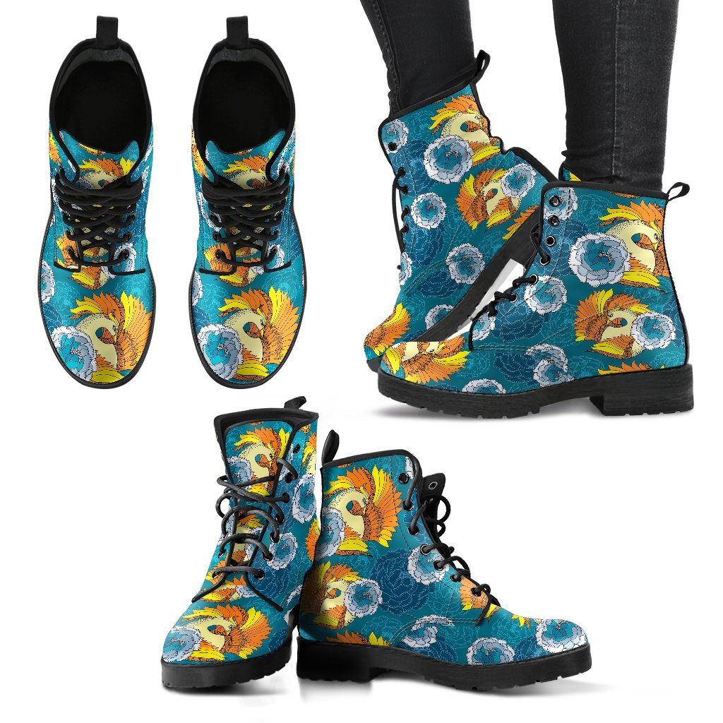 Phoenix Pattern Print Floral Men Women Leather Boots-grizzshop
