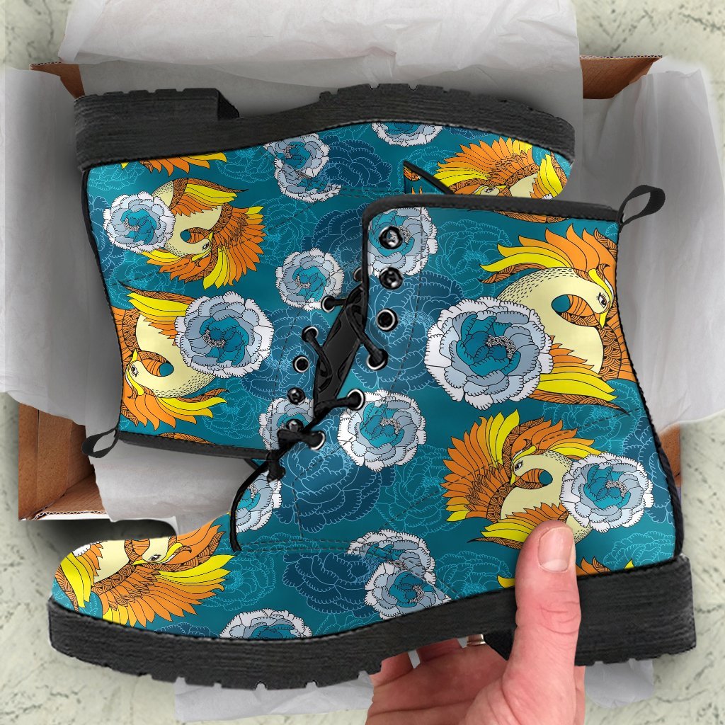 Phoenix Pattern Print Floral Men Women Leather Boots-grizzshop