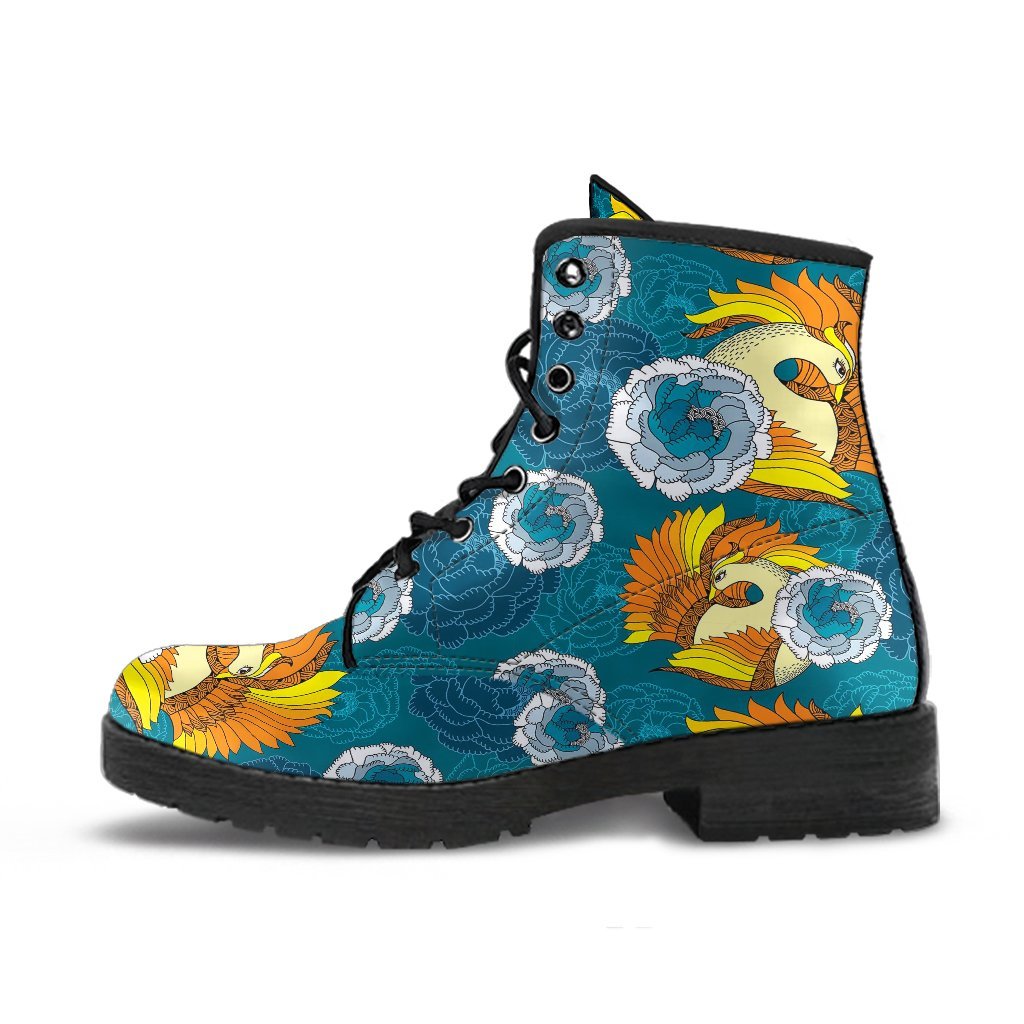 Phoenix Pattern Print Floral Men Women Leather Boots-grizzshop