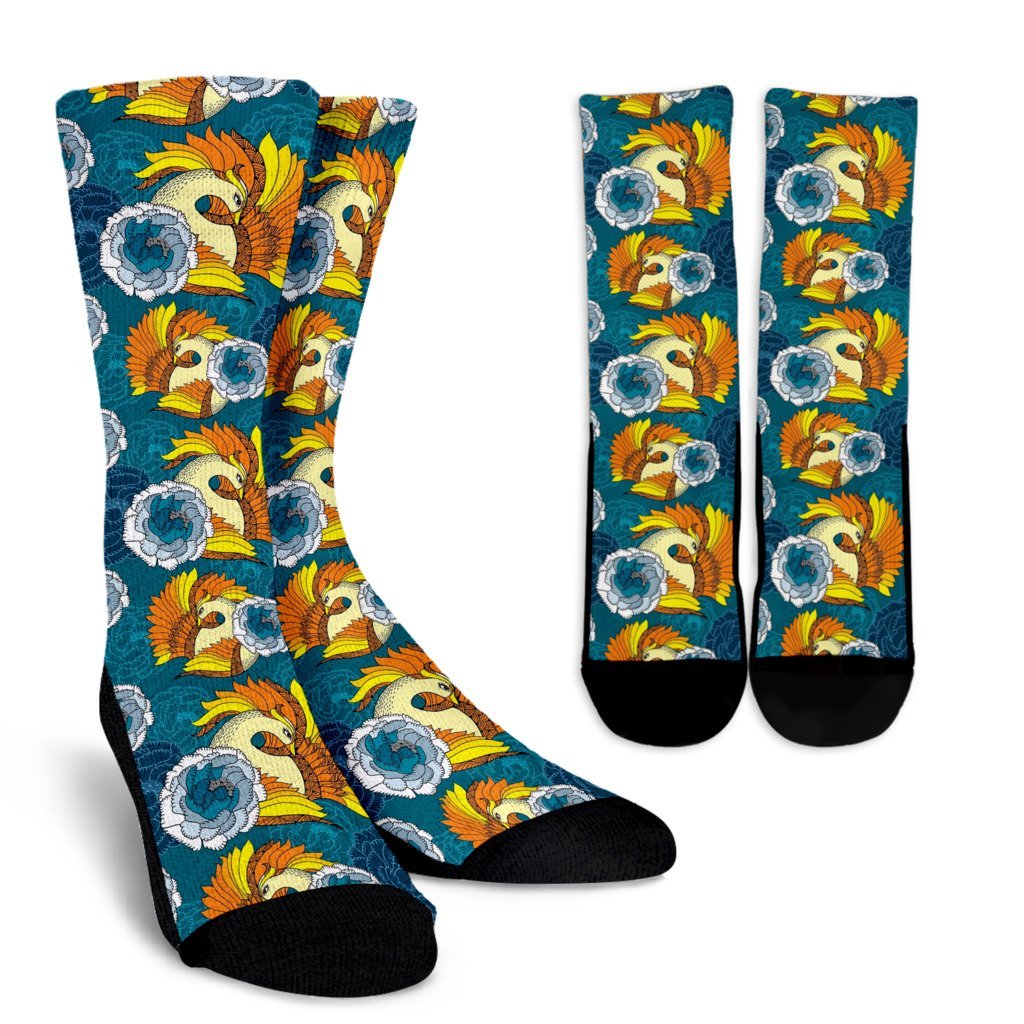 Phoenix Pattern Print Floral Unisex Crew Socks-grizzshop