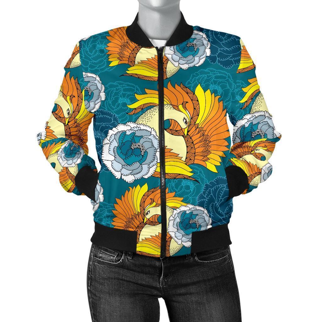 Phoenix Pattern Print Floral Women Casual Bomber Jacket-grizzshop
