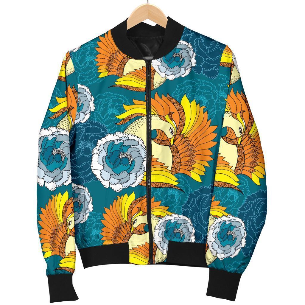 Phoenix Pattern Print Floral Women Casual Bomber Jacket-grizzshop