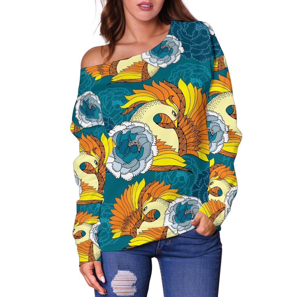 Phoenix Pattern Print Floral Women Off Shoulder Sweatshirt-grizzshop